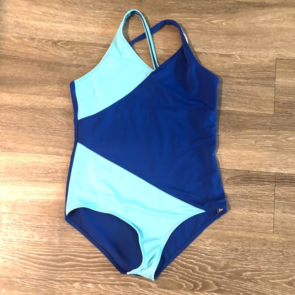 Lands End Women’s Swimsuit one piece Color block Blue Sz 16+ Chlorine Resistant